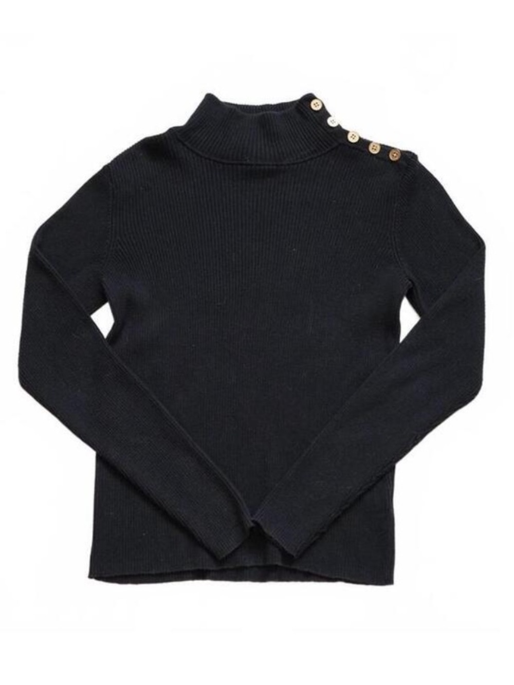 Lauren Ralph Lauren Gold‎ Button Shoulder Mock Neck Ribbed Cotton Sweater S